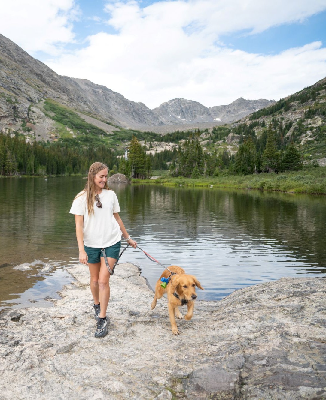 Woman walking dog at Blue Lakes