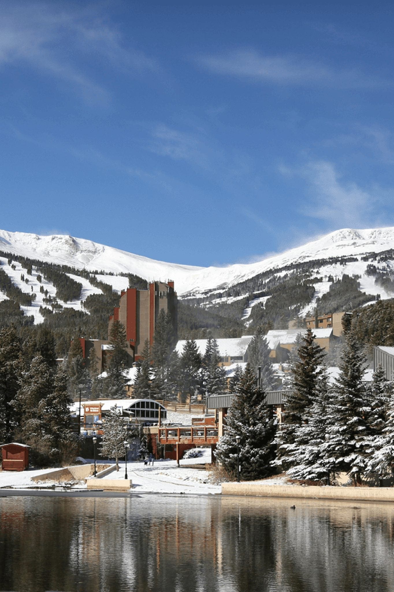 View of snow-covered Breckenridge and Blue River
