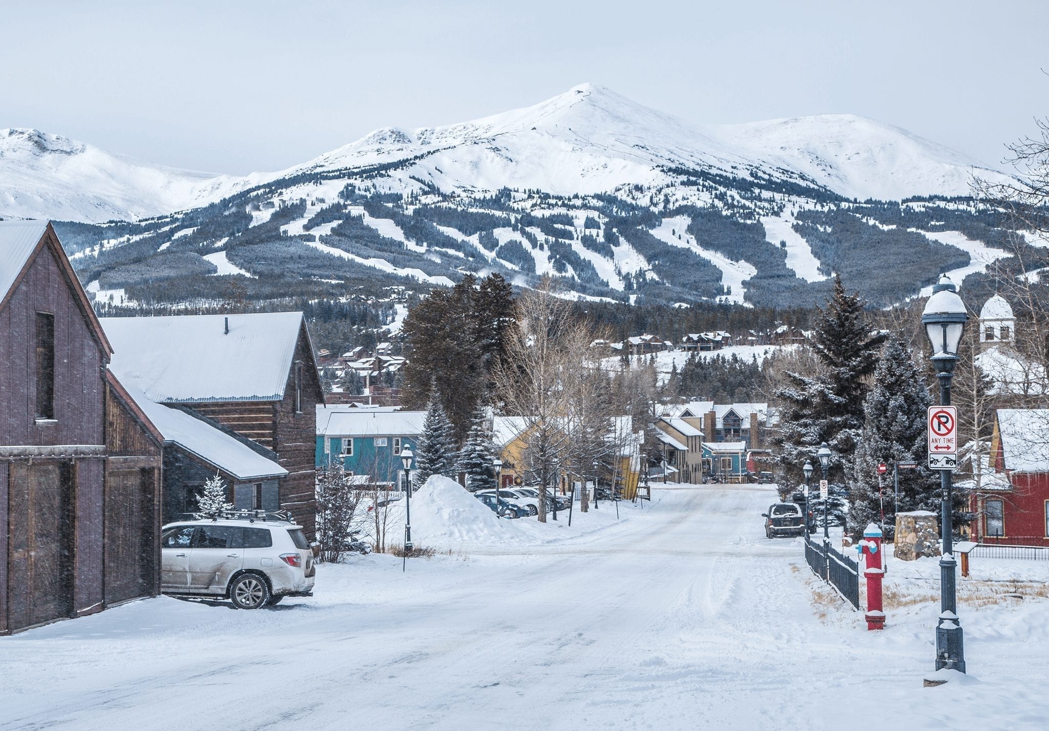 View of snow downtown and in the mountains in Breckenridge