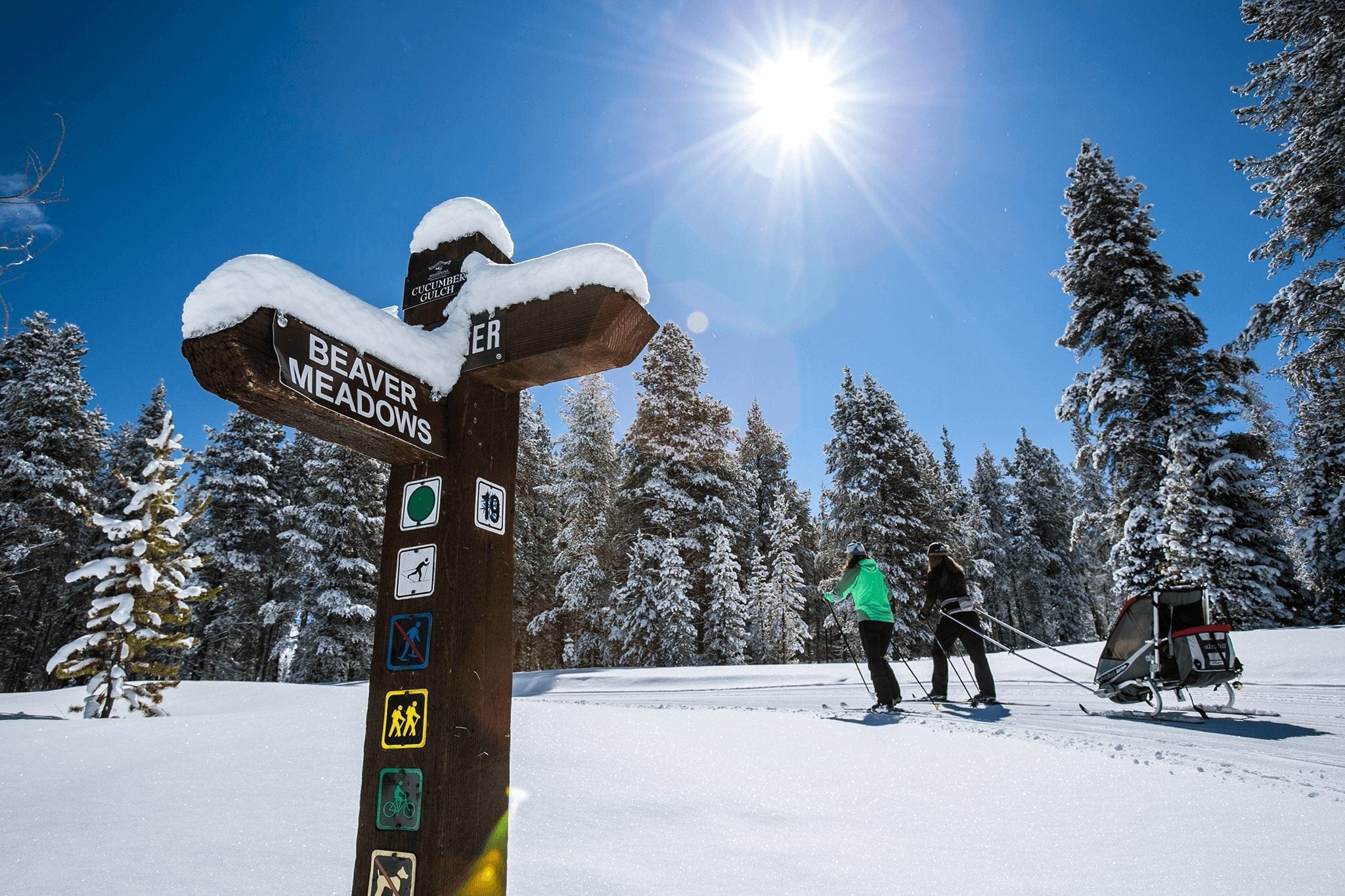 Winter activities, cross country skiing trailhead in Breckenridge