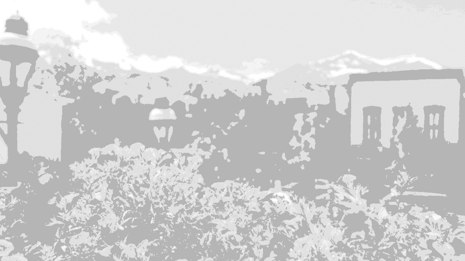 Breckenridge town buildings in park in greyscale