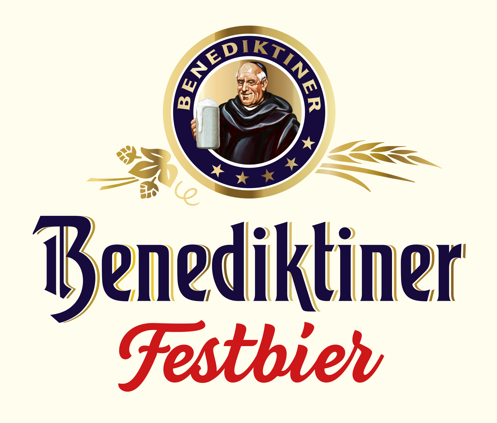 Benediktiner Festbier beer logo featuring a monk holding a beer mug, with decorative wheat and hop elements, for Oktoberfest celebrations in Breckenridge.