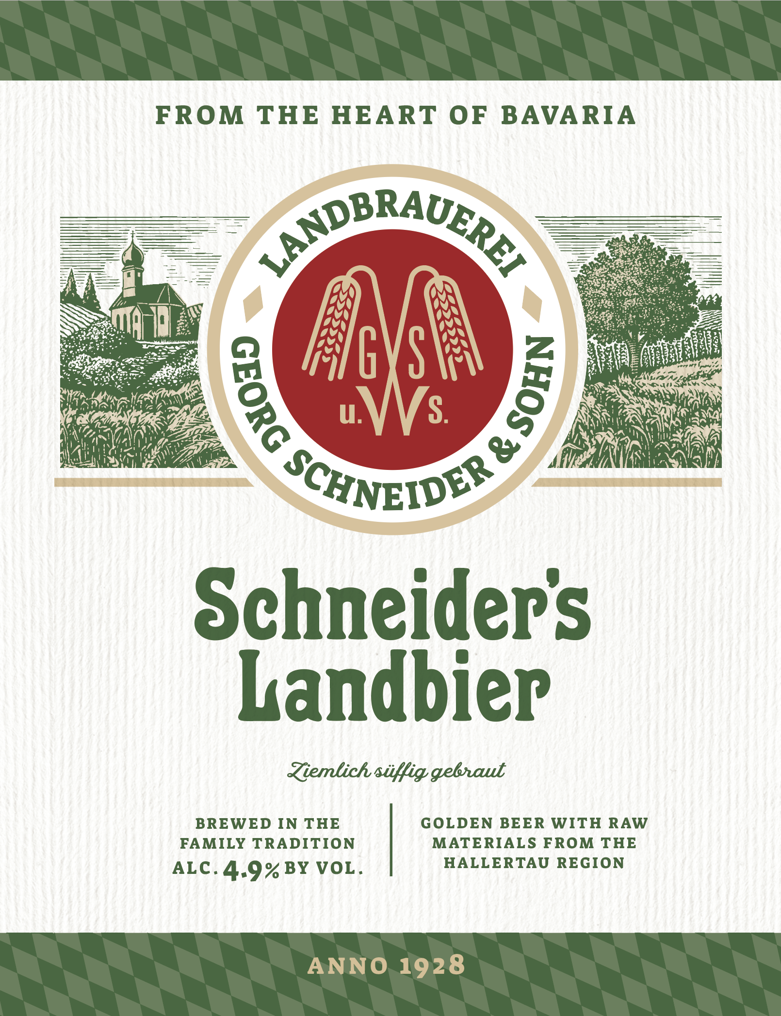 Close-up of Schneider's Landbier beer label featuring traditional Bavarian design and brewery details from 1928.
